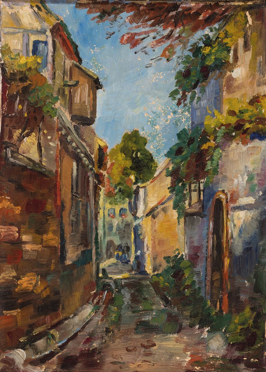 E. Lottes-Croissant, Tochter von August Croissant (1870-1941), Straßenzug in Gleisweiler, verso bez., l. Farbschäden, 46x34cm, R. best., 58x45 cm