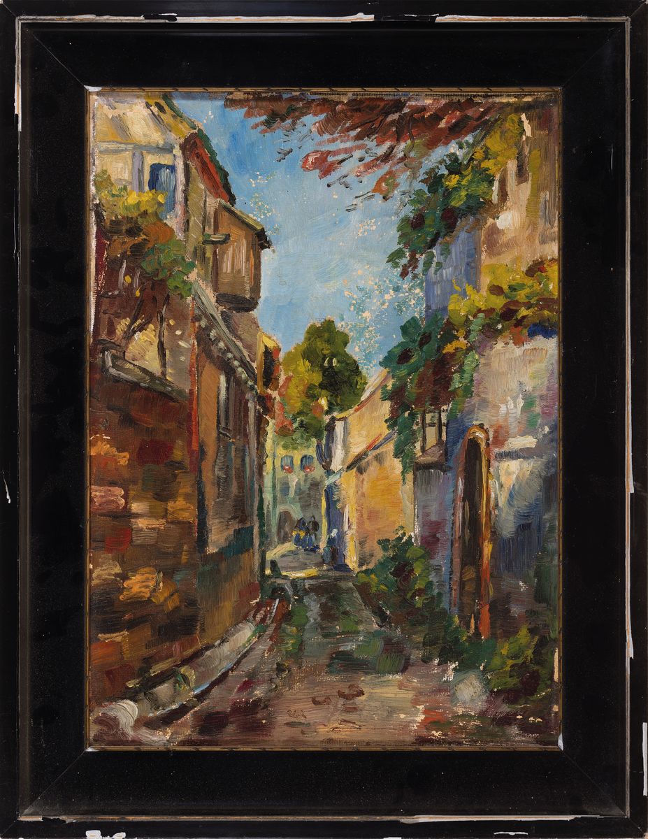 Detail k: E. Lottes-Croissant, Tochter von August Croissant (1870-1941), Straßenzug in Gleisweiler, verso bez., l. Farbschäden, 46x34cm, R. best., 58x45 cm