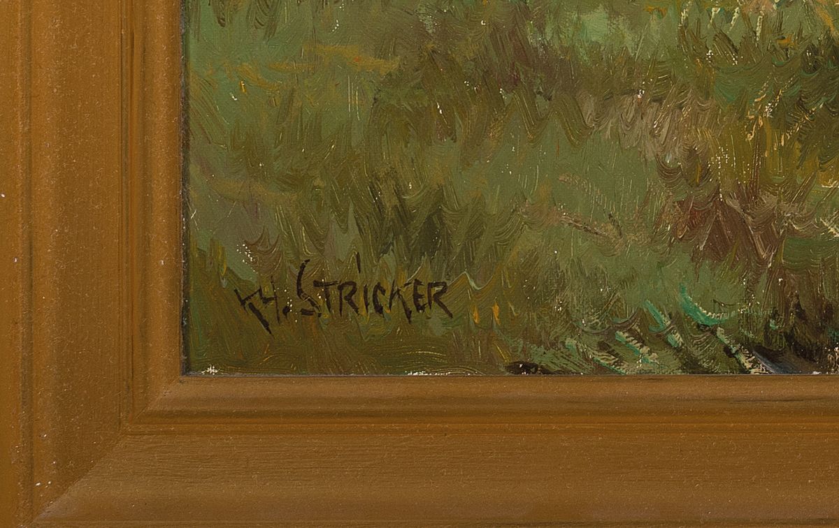 Detail a: Carl Heinz Stricker, 1926 Neuss-2003, Studium an der Akademie Düsseldorf, Auenlandschaft mit Gehöft, Öl/Lwd, signiert, Rahmen 73x93 cm