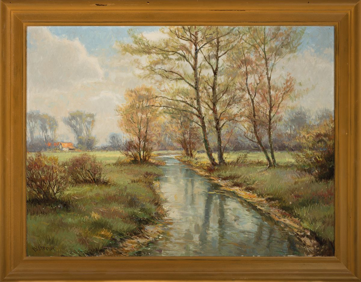 Detail k: Carl Heinz Stricker, 1926 Neuss-2003, Studium an der Akademie Düsseldorf, Auenlandschaft mit Gehöft, Öl/Lwd, signiert, Rahmen 73x93 cm