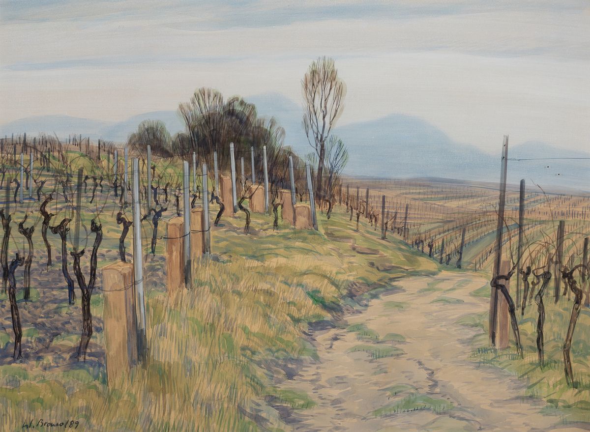 Werner Brand, 1933 Löbau-2021 Hochstadt/Pfalz, Landschaft in den Weinbergen, Aquarell auf Papier, signiert u. datiert 1989, unter PP und Glas ...