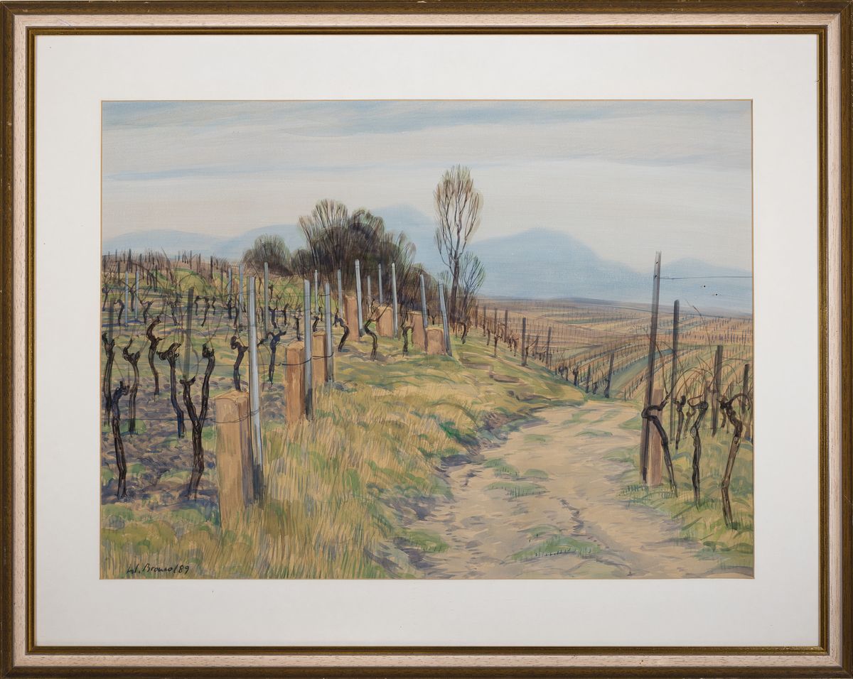 Detail k: Werner Brand, 1933 Löbau-2021 Hochstadt/Pfalz, Landschaft in den Weinbergen, Aquarell auf Papier, signiert u. datiert 1989, unter PP und Glas ...