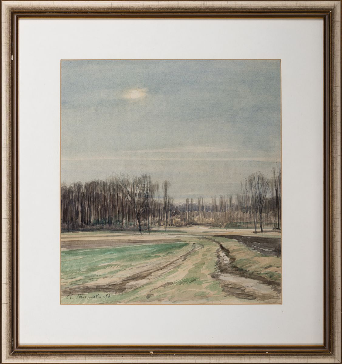 Detail k: Werner Brand, 1933 Löbau-2021 Hochstadt/Pfalz, rheinische Auenlandschaft, Aquarell auf Papier, signiert und datiert 1987, unter PP und Glas gerahmt, ...