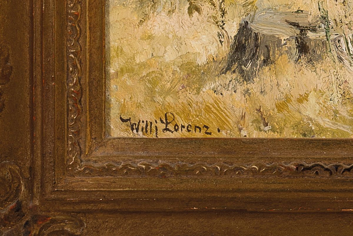 Detail a: Willy Lorenz, 1901 Köln - 1981, bekannter deutscher Tier- und Landschaftsmaler, Hirschrudel in Eifellandschaft, signiert, Öl/Lwd, l. Schäden der ...