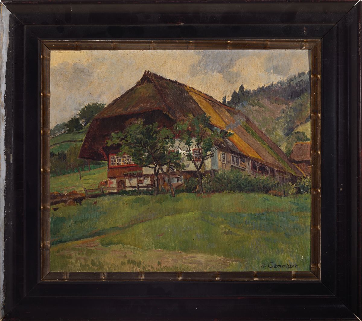 Detail k: Auguste Cammissar, 1873-1962, Blick auf ein Bauernhaus, Öl/Malkarton, rechts unten signiert, leichte Oberflächenschäden, ca. 40x50cm, R. (dieser ...
