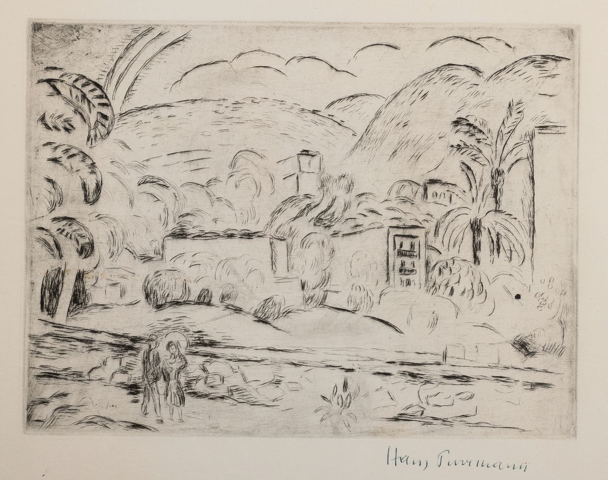 Hans Purrmann, 1880 Speyer-1966, südliche Landschaft, Radierung, rechts unten handsigniert, ca. 17.5x23.5cm, seiltich rechts außerhalb der ...