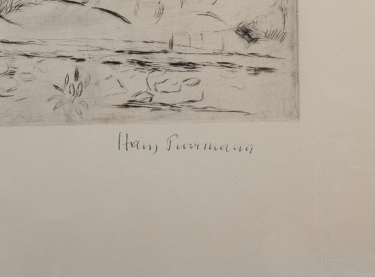 Detail a: Hans Purrmann, 1880 Speyer-1966, südliche Landschaft, Radierung, rechts unten handsigniert, ca. 17.5x23.5cm, seiltich rechts außerhalb der ...