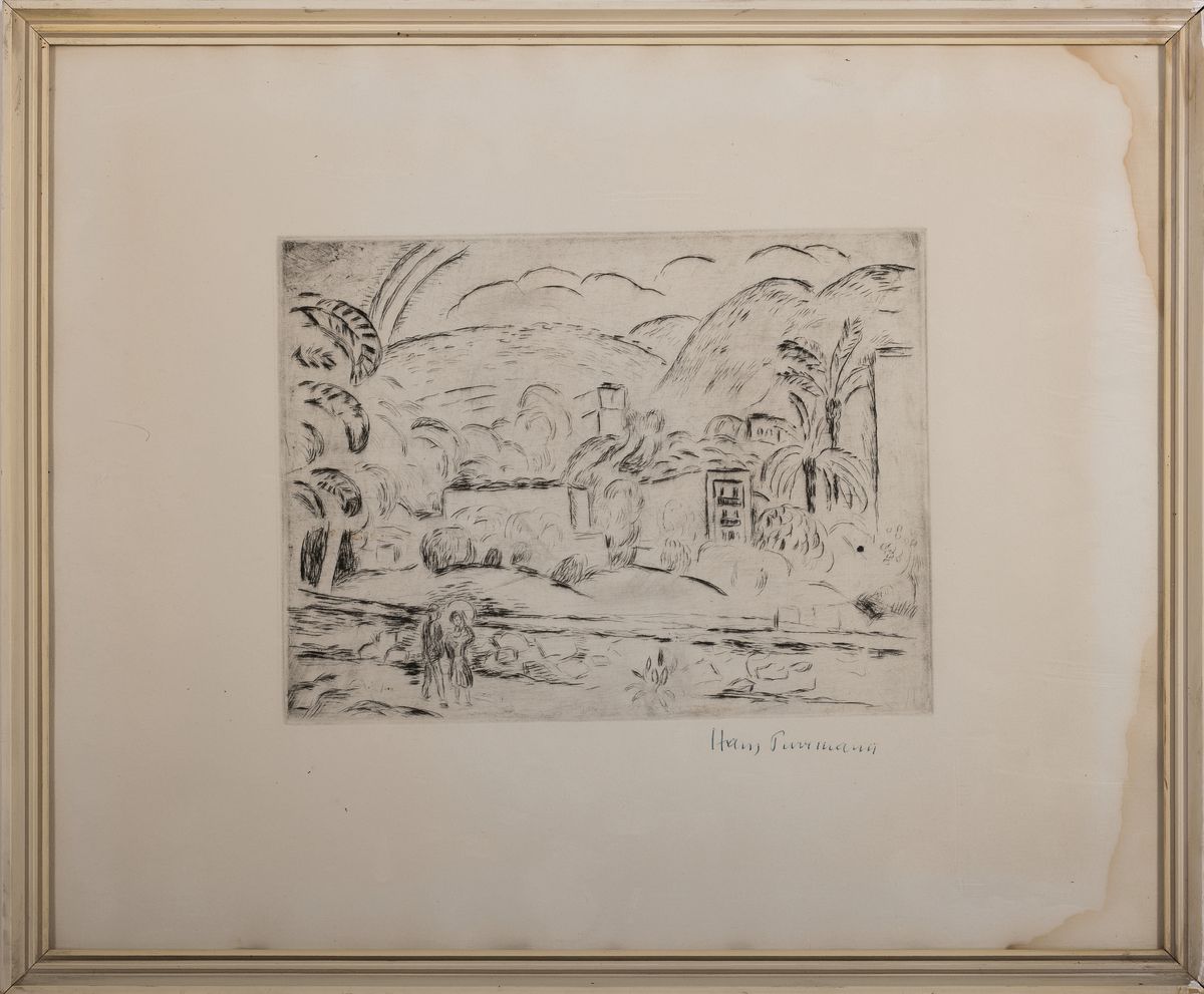 Detail k: Hans Purrmann, 1880 Speyer-1966, südliche Landschaft, Radierung, rechts unten handsigniert, ca. 17.5x23.5cm, seiltich rechts außerhalb der ...