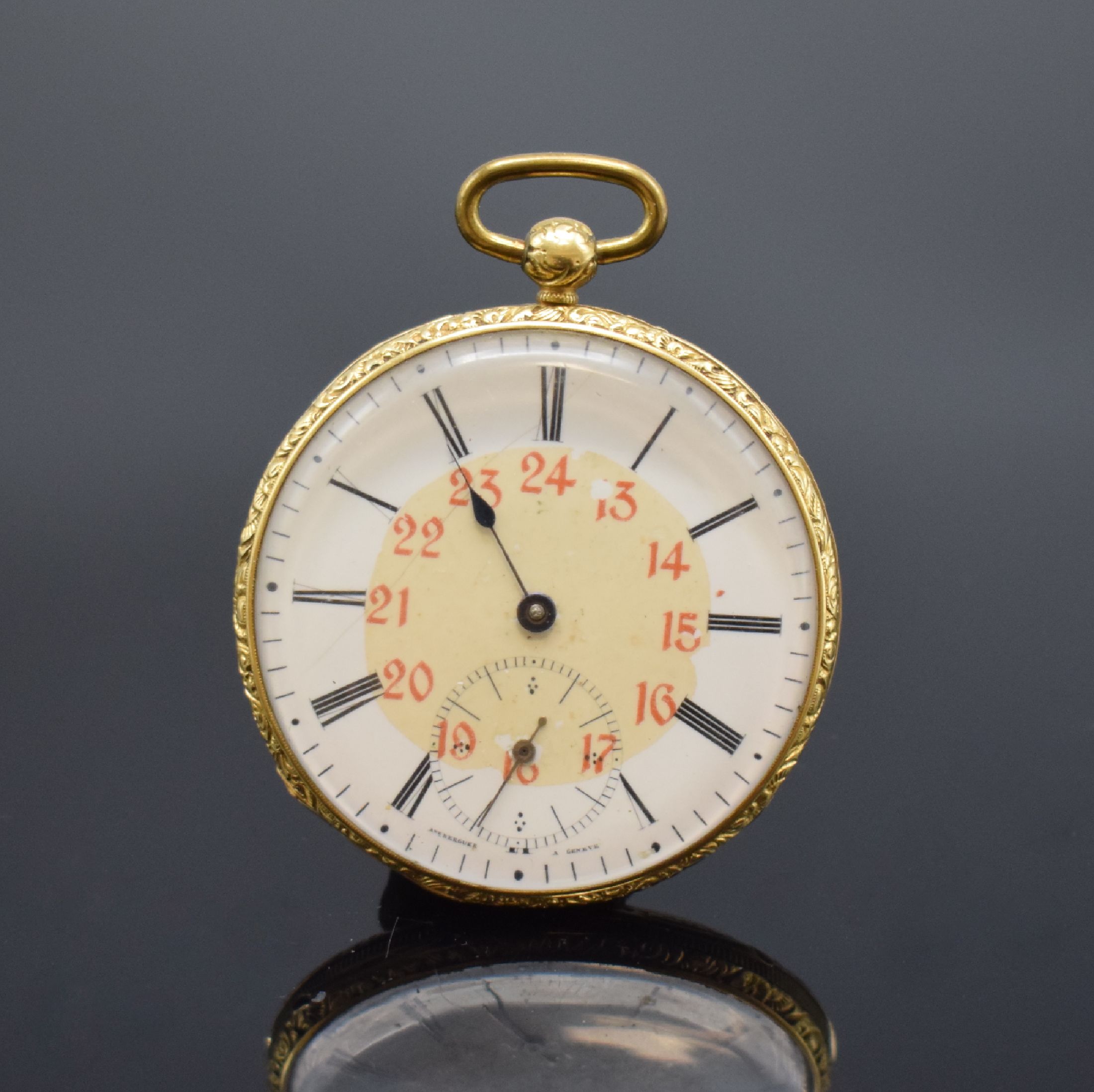 Offene Taschenuhr in GG 750/000, Schweiz um 1870, grav. Geh. m. Münzrand, guill. Rückdeckel dell., Goldcuvette floral grav., Emailzifferbl. ...