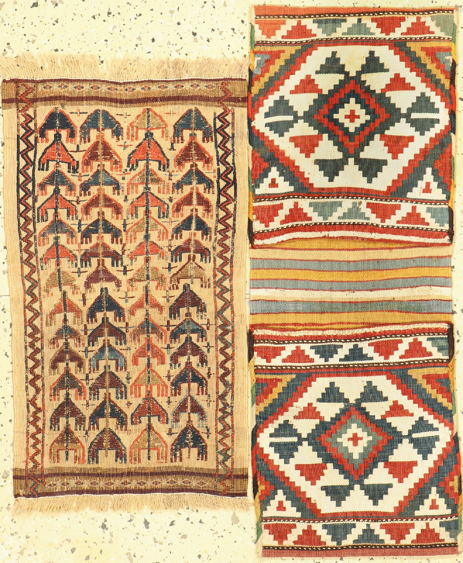 Konvolut Kelim & Tasche, Persien, um 1900, Wolle auf Wolle, ca. 70 x 40 cm, EHZ: 2