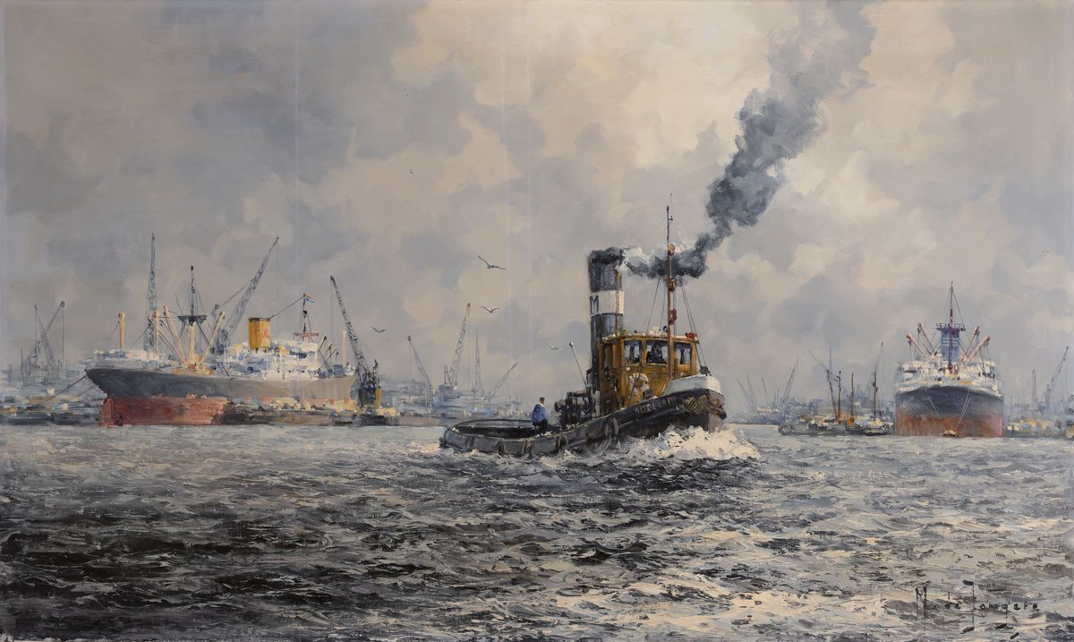 Marinus Johannes de Jongere, 1912-1978 Amsterdam, "Sleper Adelaar" so verso bez., Blick in den Hafen von Rotterdam mit dem Schlepper ...