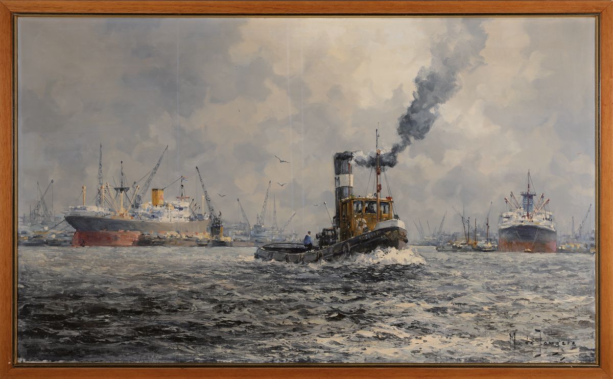 Detail k: Marinus Johannes de Jongere, 1912-1978 Amsterdam, "Sleper Adelaar" so verso bez., Blick in den Hafen von Rotterdam mit dem Schlepper ...