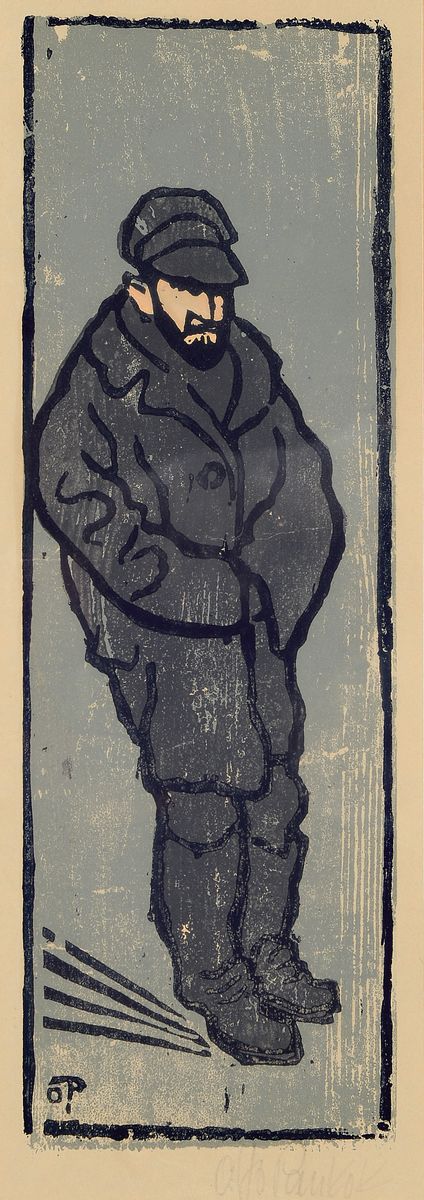 Otto Pankok, 1893 Mühlheim-1966 Wesel, Farbholzschnitt, "Proletarier", in knielangen Mantel gekleideter Mann, mit in die Stirn gezogener ...