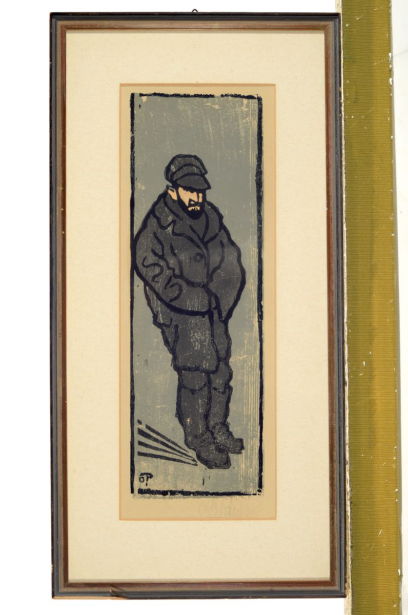 Detail k: Otto Pankok, 1893 Mühlheim-1966 Wesel, Farbholzschnitt, "Proletarier", in knielangen Mantel gekleideter Mann, mit in die Stirn gezogener ...