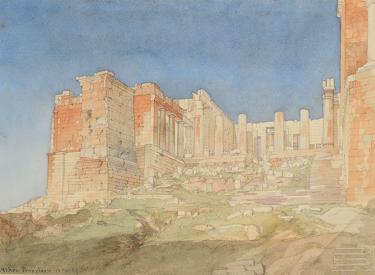 Zuschreibung: Jean Louis Petit (1795-1876), Aquarell u. Bleistift auf Papier, "Athen Propyläen, 15. Apr. 69", Ansicht eines Teils der ...