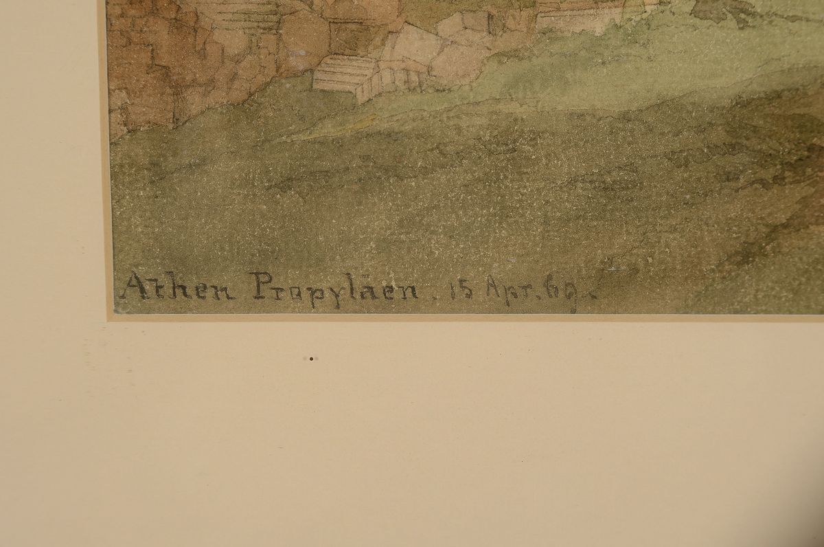 Detail a: Zuschreibung: Jean Louis Petit (1795-1876), Aquarell u. Bleistift auf Papier, "Athen Propyläen, 15. Apr. 69", Ansicht eines Teils der ...