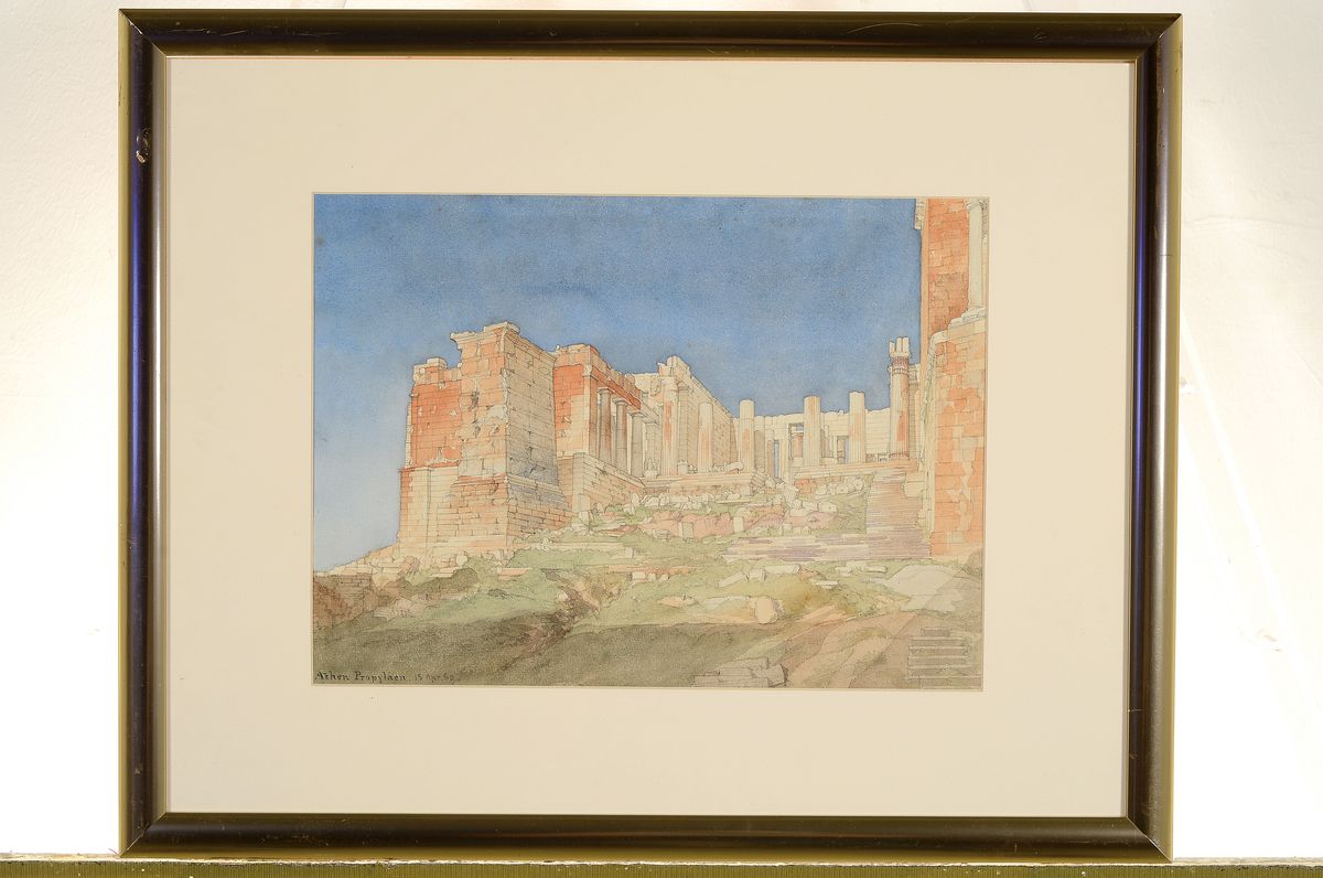 Detail k: Zuschreibung: Jean Louis Petit (1795-1876), Aquarell u. Bleistift auf Papier, "Athen Propyläen, 15. Apr. 69", Ansicht eines Teils der ...