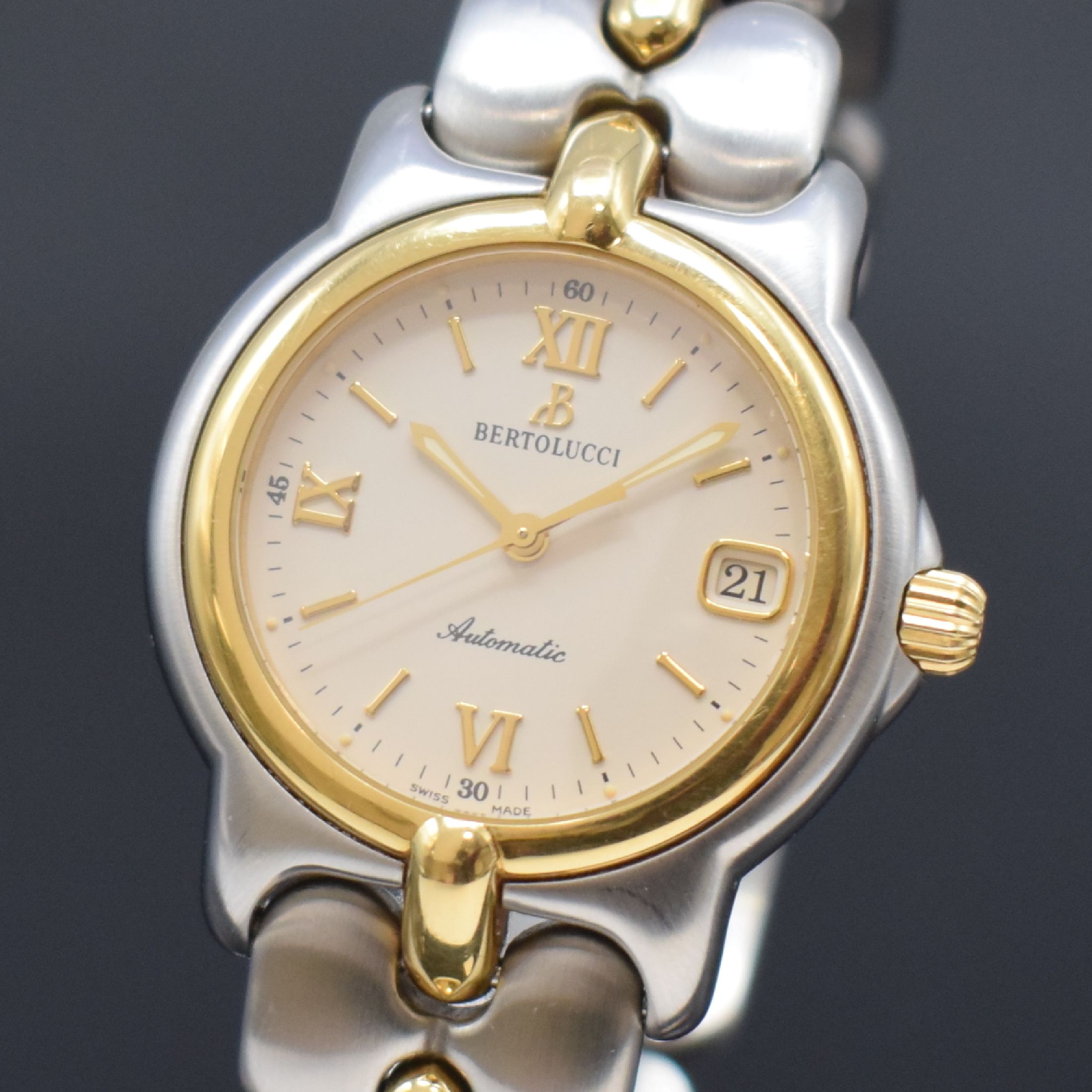 Detail a: BERTOLUCCI Herrenarmbanduhr Serie Pulchra Referenz 124 49 B, Schweiz um 1995, Automatik, Edelstahl/Gold kombiniert inkl. Gliederband m. Faltschl., ...