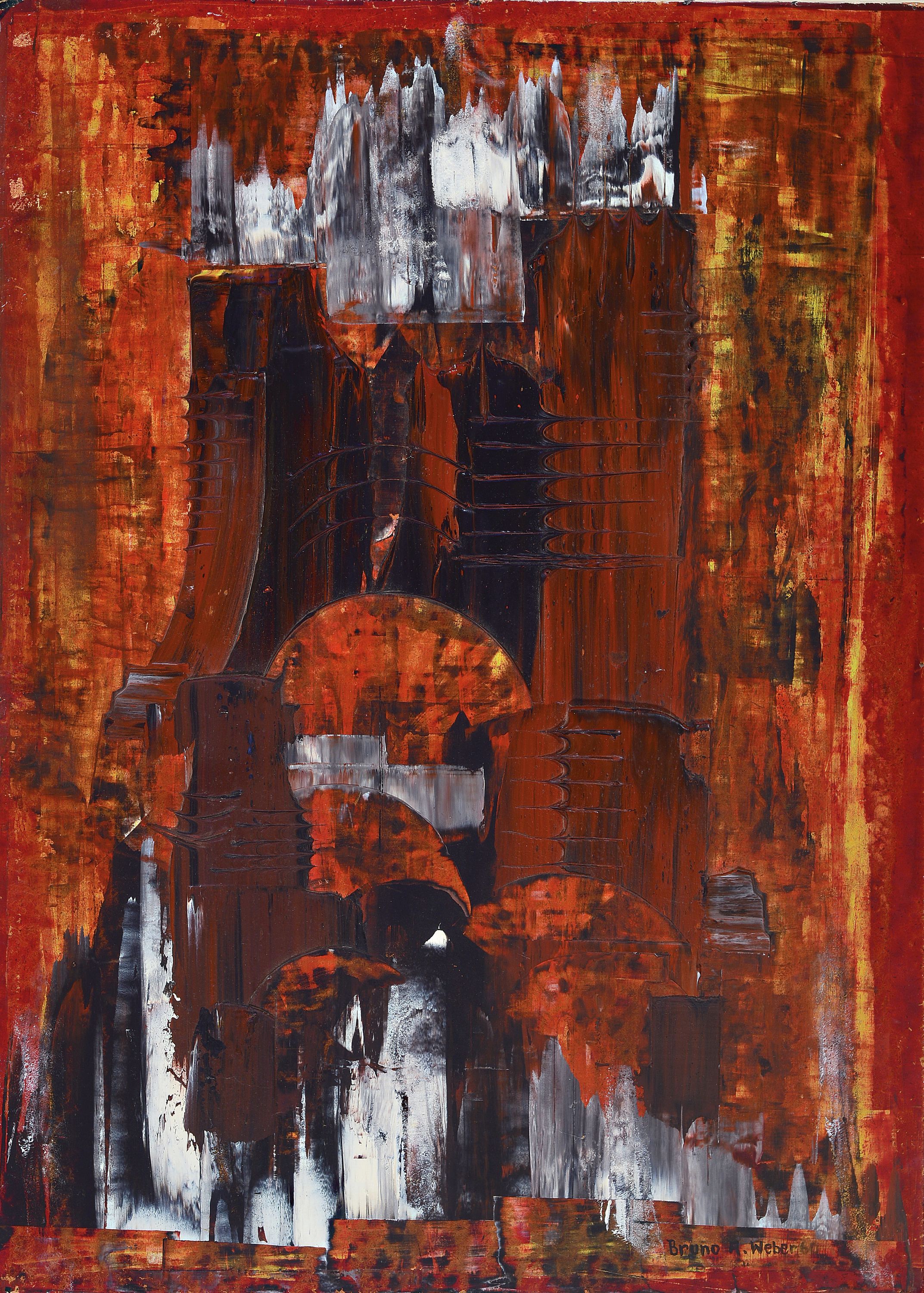 Bruno Weber, 1931-2011, abstrakte Komposition, signiert und datiert (19)60, Öl/Masonit, Alterssp.,