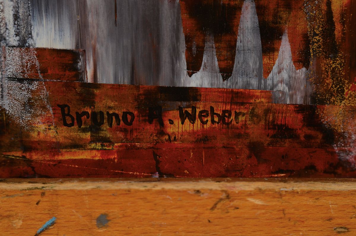 Detail c: Bruno Weber, 1931-2011, abstrakte Komposition, signiert und datiert (19)60, Öl/Masonit, Alterssp.,