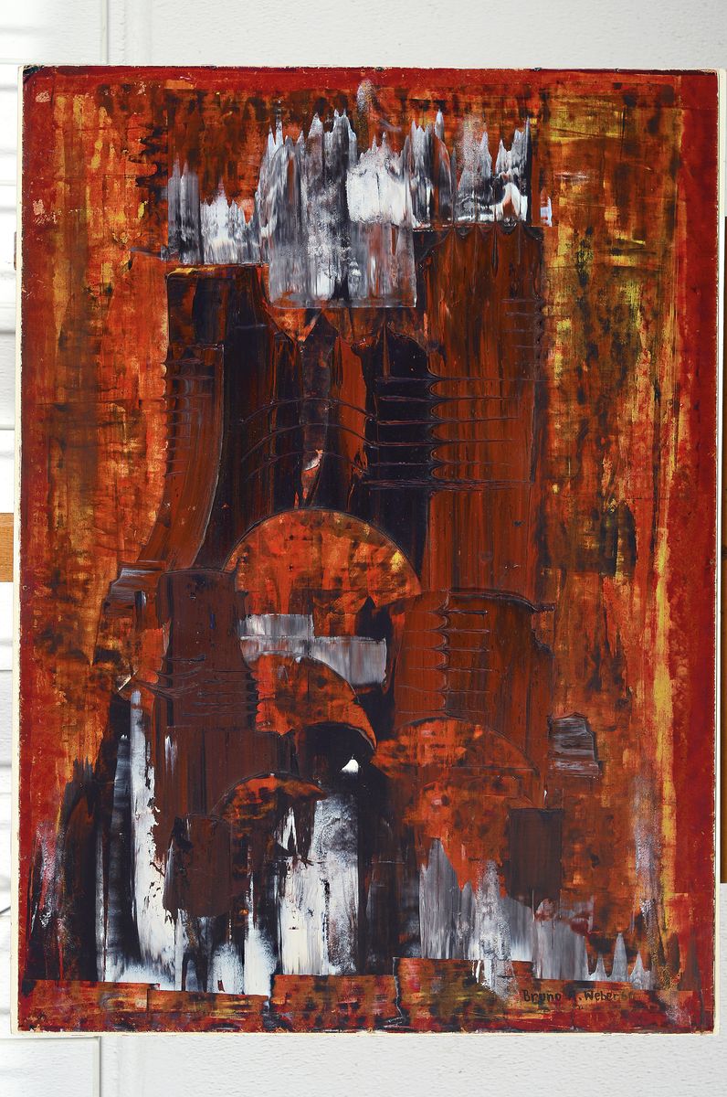 Detail k: Bruno Weber, 1931-2011, abstrakte Komposition, signiert und datiert (19)60, Öl/Masonit, Alterssp.,