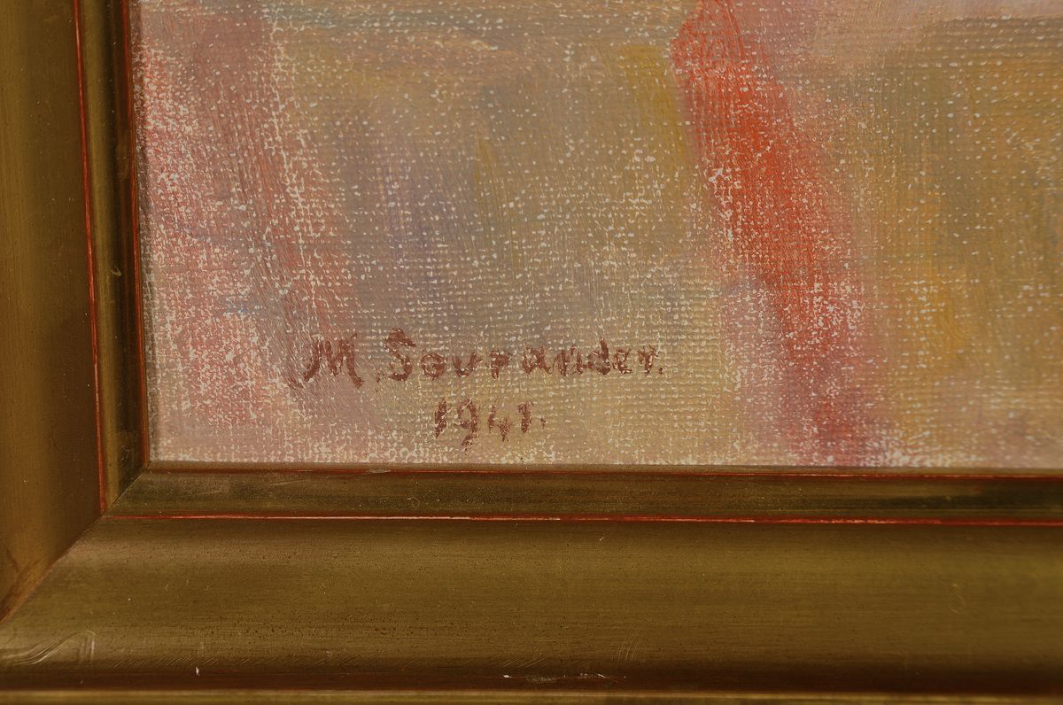 Detail a: M. Sourandez, dat. 1941, junge Frau am Tisch in sonnendurchflutetem Zimmer, Öl/Masonit- Holzfaserplatte, links unten signiert u. dat. 1941, ...