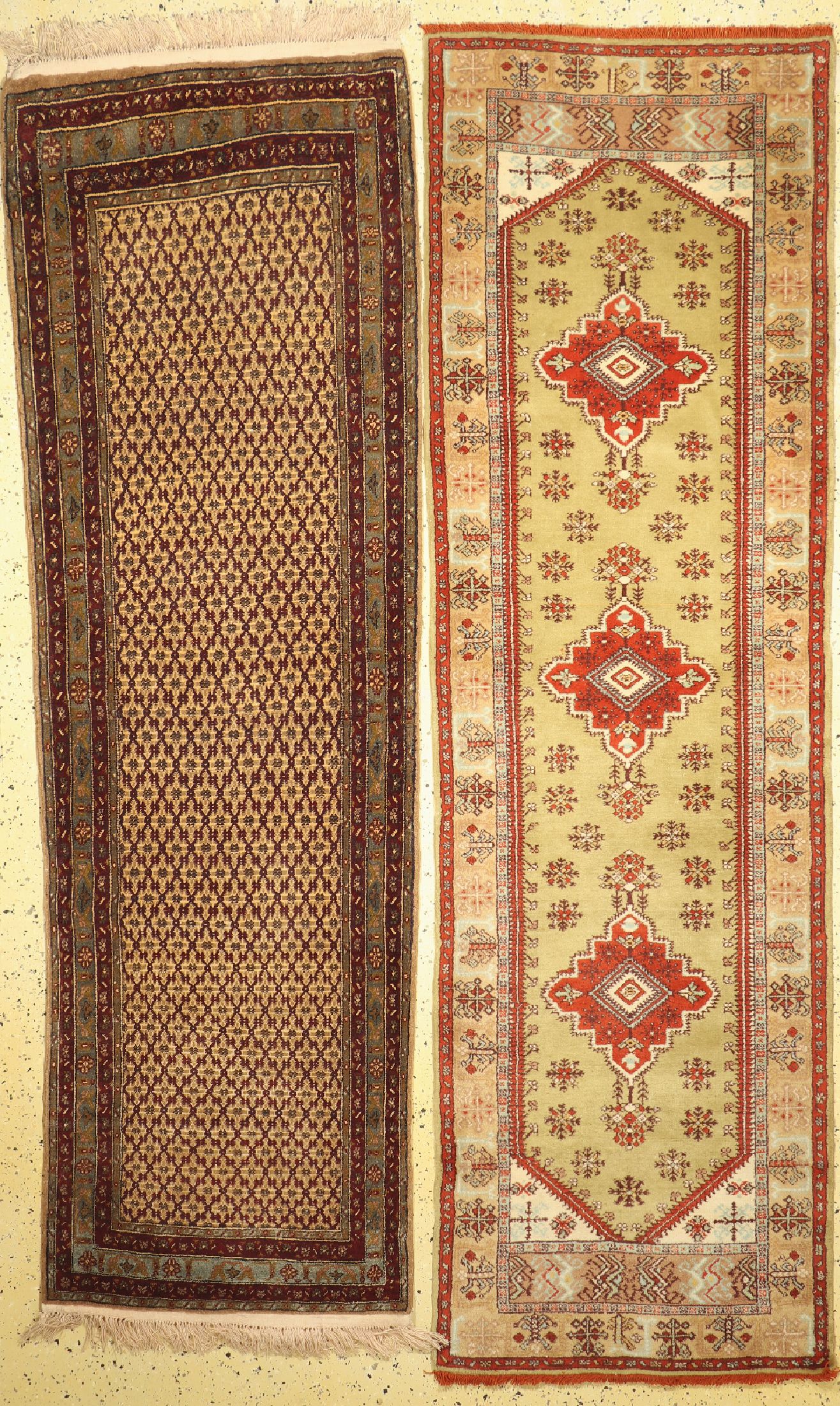 Konvolut, Melas, Türkei , ca. 50 Jahre, Wolle auf Wolle, ca. 308 x 92 cm, EHZ: 1-2, Hereti, Afganistan, ca. 50 Jahre, Wolle auf Wolle, ca. 290 x 95 ...