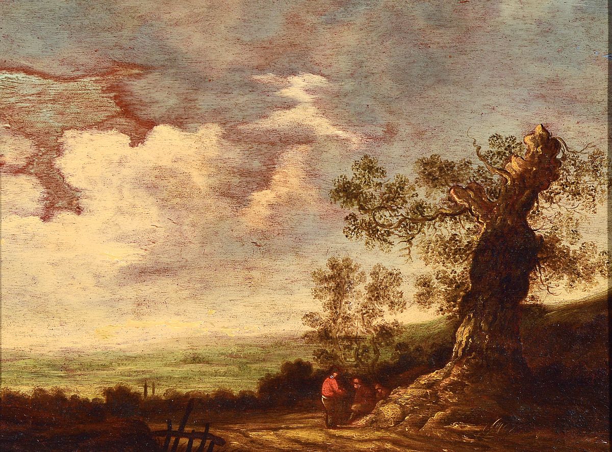 Unbekannter Niederländer, frühes 19.Jh., bäuerliche Landschaft mit Figurenstaffage in altniederländischer Tradition, Öl/Holz, rechts unten Reste ...