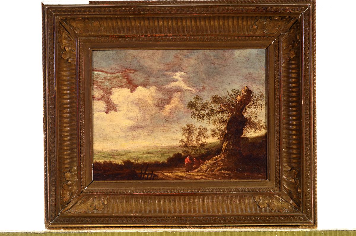 Detail k: Unbekannter Niederländer, frühes 19.Jh., bäuerliche Landschaft mit Figurenstaffage in altniederländischer Tradition, Öl/Holz, rechts unten Reste ...