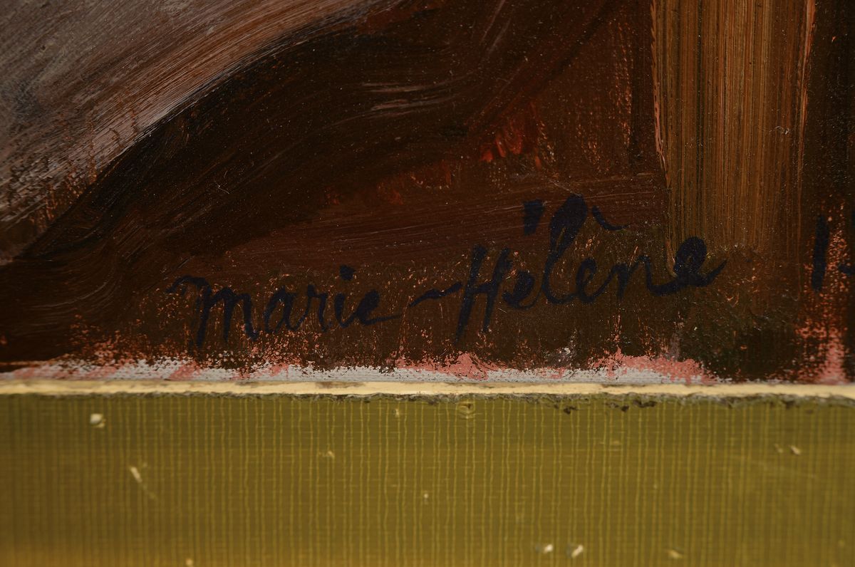 Detail a: Marie-Helene Fehr-Clement, 1918-2012 Lausanne , "Interieur" so verso bez., junge Frau beim Stricken an reich gedecktem Frühstückstisch, ...