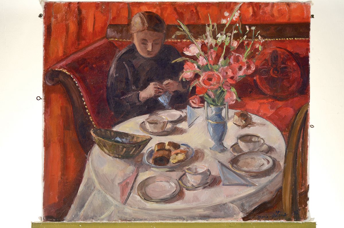 Detail k: Marie-Helene Fehr-Clement, 1918-2012 Lausanne , "Interieur" so verso bez., junge Frau beim Stricken an reich gedecktem Frühstückstisch, ...