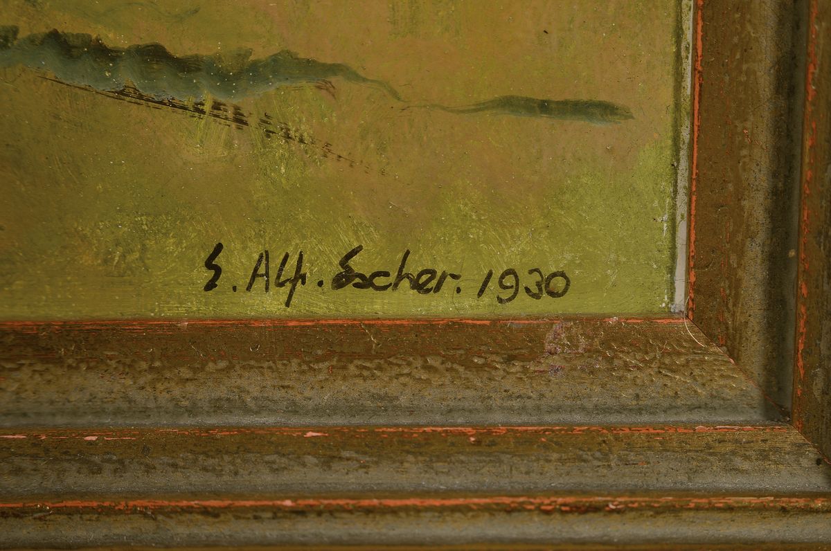 Detail a: Ernst Alfred von Escher, 1883 Zofingen - 1963 Winterthur, Lehre zum Lithographen, Aufenthalte in Paris und Italien, Birkenhain, Öl/Lwd, signiert u. ...