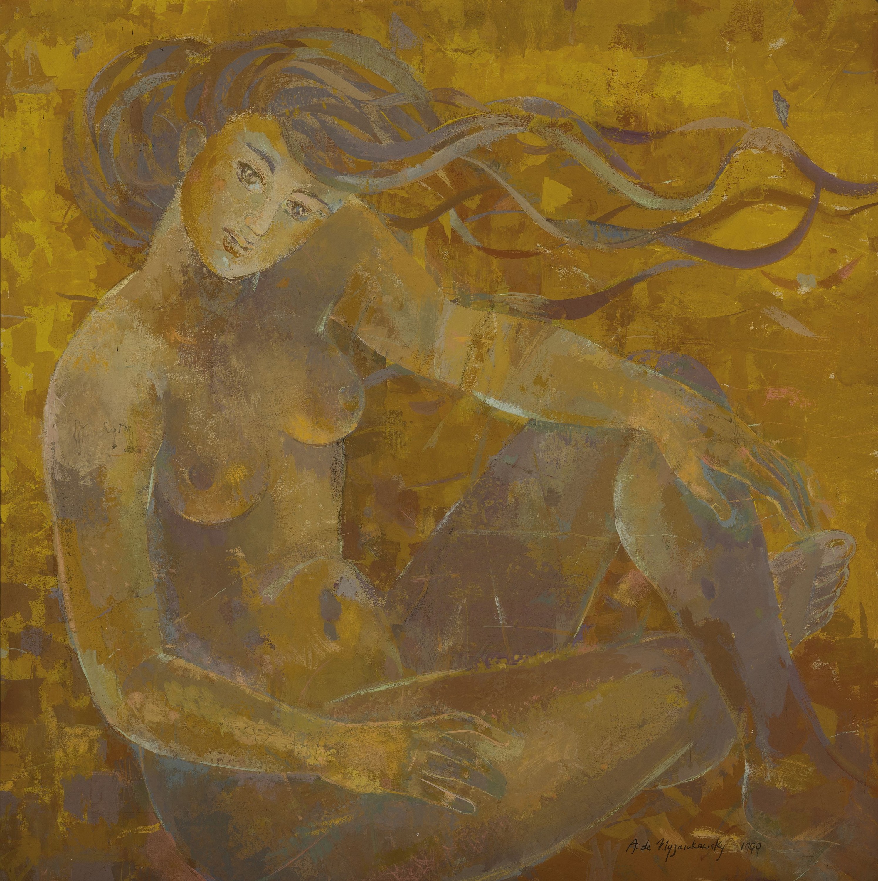 A. de Nyzarkowsky, zeitgenössischer Maler, sitzender weiblicher Akt vor gelbem Grund, signiert u. datiert 1999, Öl/Lwd, schmaler Rahmen 75x73 cm