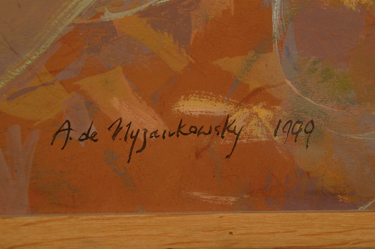 Detail c: A. de Nyzarkowsky, zeitgenössischer Maler, sitzender weiblicher Akt vor gelbem Grund, signiert u. datiert 1999, Öl/Lwd, schmaler Rahmen 75x73 cm