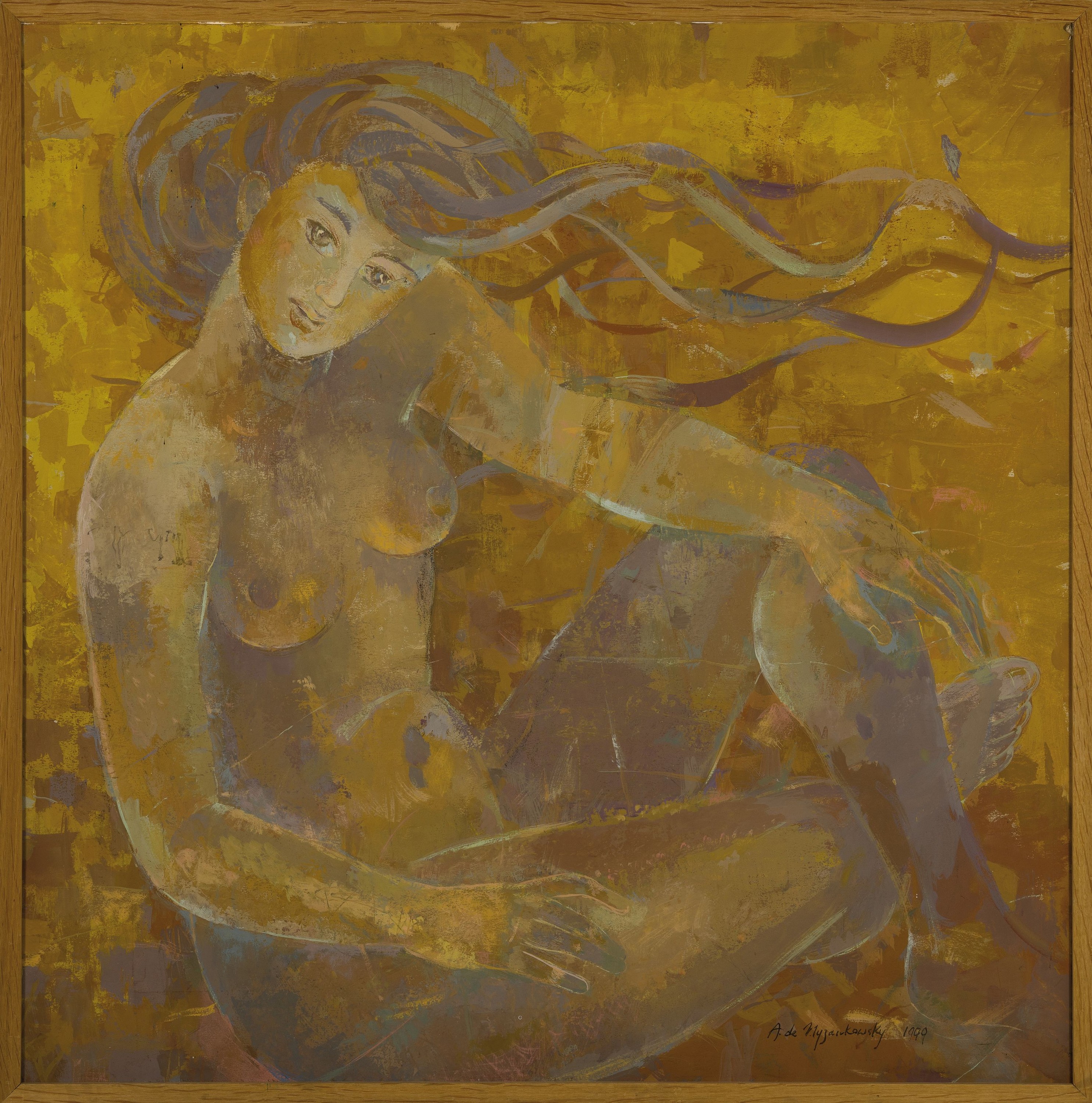 Detail k: A. de Nyzarkowsky, zeitgenössischer Maler, sitzender weiblicher Akt vor gelbem Grund, signiert u. datiert 1999, Öl/Lwd, schmaler Rahmen 75x73 cm