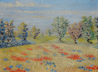 Image 26616711 - Attribution: Antoine Laurentin Ferdinand du Puigaudeau, 1864 Nantes -1930 Croisic, Studiesin Paris and Nice, traveled to Italy, acquaintance with Paul Gauguin, French summer landscape, tree-lined wheat field, pointilliststyle dissolving into colors Dots, , signed lower right, oil/cardboard, 60x80 cm, later frame 71x90 cm