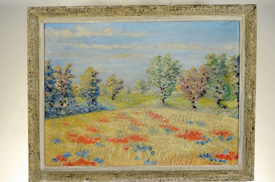 26616711k - Attribution: Antoine Laurentin Ferdinand du Puigaudeau, 1864 Nantes -1930 Croisic, Studiesin Paris and Nice, traveled to Italy, acquaintance with Paul Gauguin, French summer landscape, tree-lined wheat field, pointilliststyle dissolving into colors Dots, , signed lower right, oil/cardboard, 60x80 cm, later frame 71x90 cm