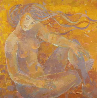 Image 26616797 - A. de Nyzarkowsky, contemporary painter, seated female nude in front of a yellow background, signed and dated 1999, oil/canvas,narrow frame 75x73 cm