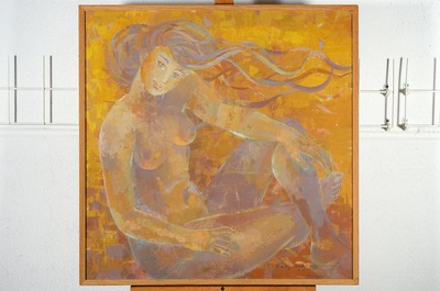 26616797k - A. de Nyzarkowsky, contemporary painter, seated female nude in front of a yellow background, signed and dated 1999, oil/canvas,narrow frame 75x73 cm