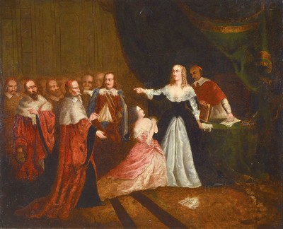 Image 26616798 - Uninterpreted artist, late 19th/early 20th century, history painting, scene from the 18thcentury. , Costumes in the style of the 17th century, large group of cardinals arguing witha noblewoman, oil/canvas, restored, unsigned, 79x97 cm, frame 86x103 cm