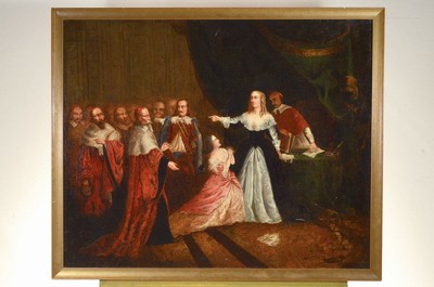 26616798k - Uninterpreted artist, late 19th/early 20th century, history painting, scene from the 18thcentury. , Costumes in the style of the 17th century, large group of cardinals arguing witha noblewoman, oil/canvas, restored, unsigned, 79x97 cm, frame 86x103 cm