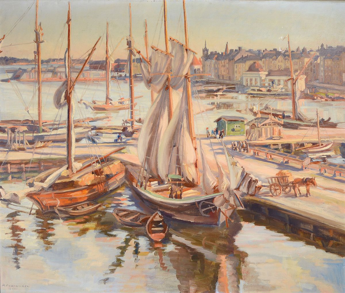 M. Saurandez, dat. 1926 (?), Blick wohl übereinen französischen Hafen mit zahlreichen Segelschiffen, links unten signiert u. datiert 1926, Öl/Lwd, ...