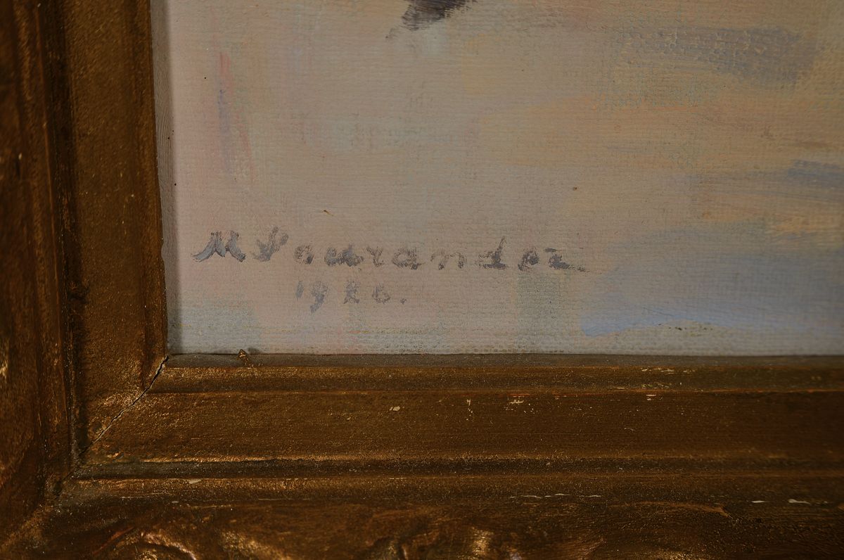 Detail a: M. Saurandez, dat. 1926 (?), Blick wohl übereinen französischen Hafen mit zahlreichen Segelschiffen, links unten signiert u. datiert 1926, Öl/Lwd, ...