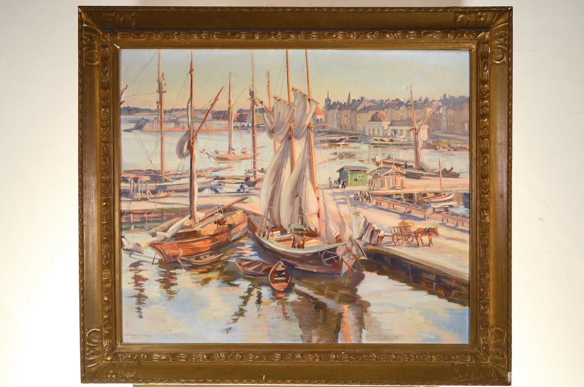 Detail k: M. Saurandez, dat. 1926 (?), Blick wohl übereinen französischen Hafen mit zahlreichen Segelschiffen, links unten signiert u. datiert 1926, Öl/Lwd, ...