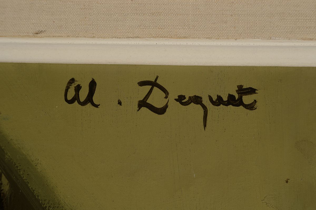 Detail a: Alain Dequet, 1920-1980, Blumenstillleben mit drapiertem Tuch, Öl/Lwd, links oben signiert, ca. 93x74cm, R. ca. 119x99cm