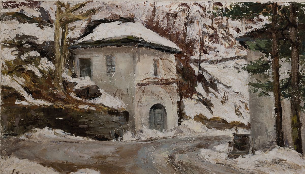 Unbekannter Künstler, um 1900-1920, Zollhaus im verschneite Winterwald, Öl/Lwd, links unten unleserlich signiert, ca. 27x45cm, R. ca. 43x63cm