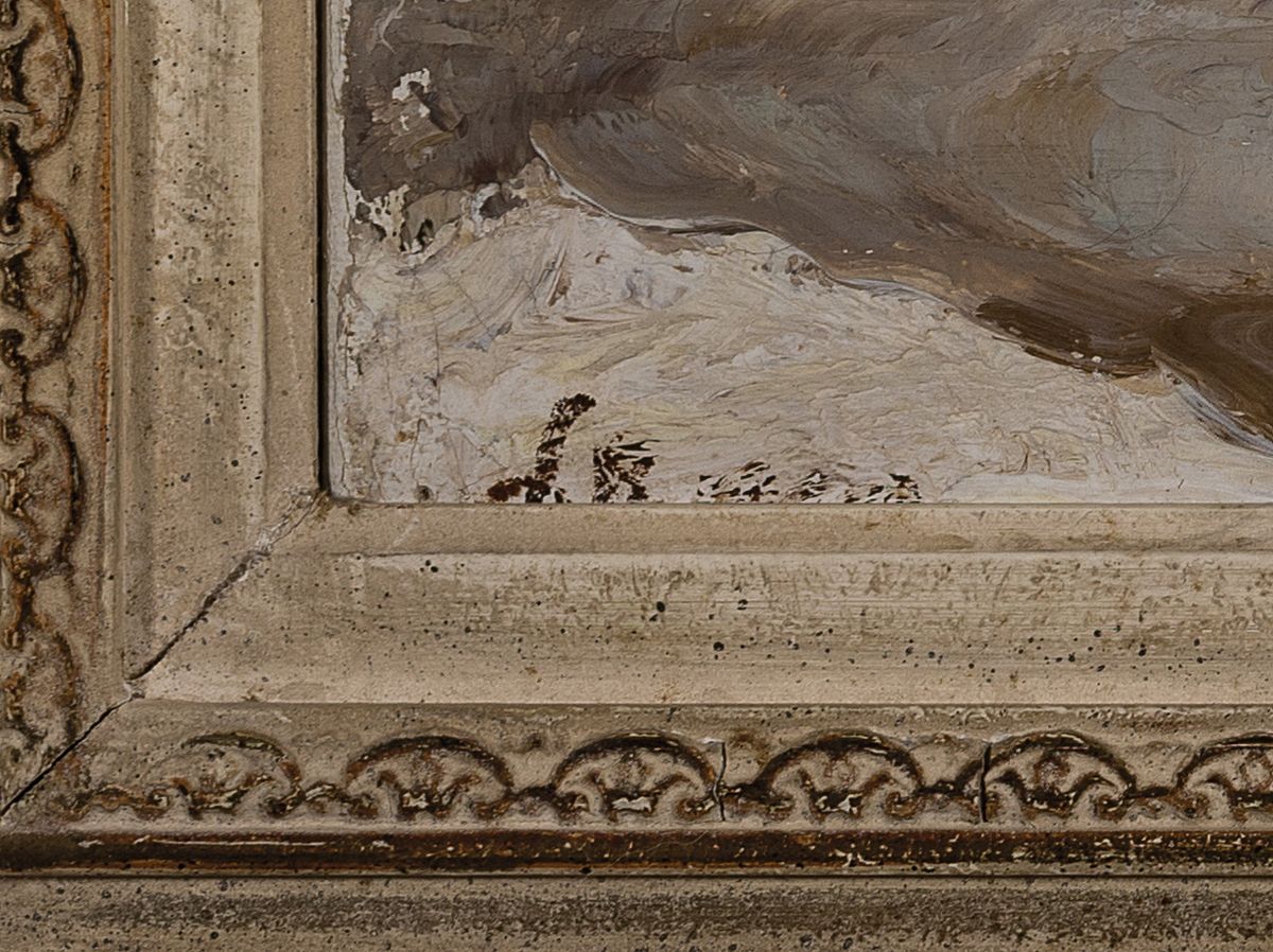 Detail a: Unbekannter Künstler, um 1900-1920, Zollhaus im verschneite Winterwald, Öl/Lwd, links unten unleserlich signiert, ca. 27x45cm, R. ca. 43x63cm