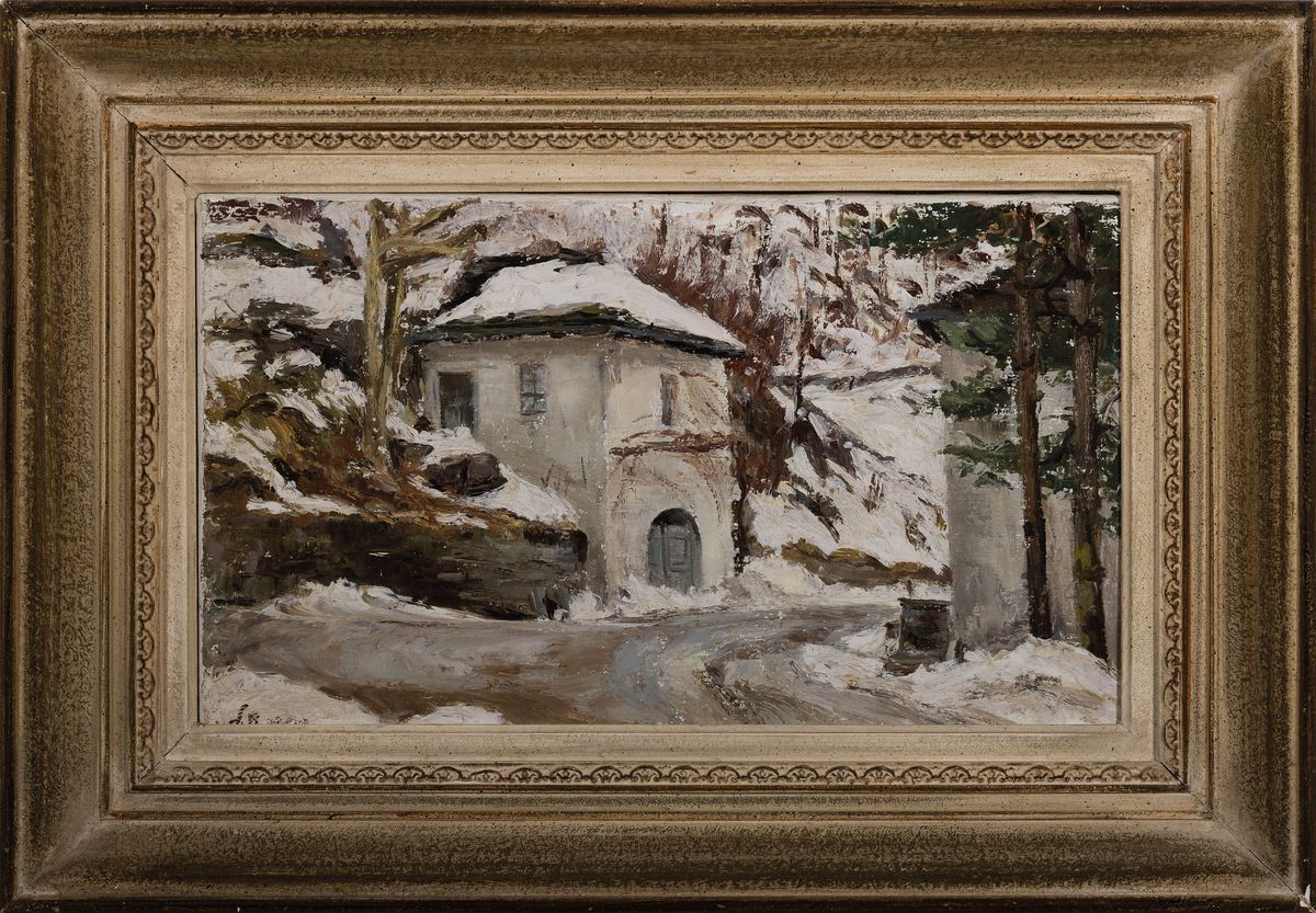Detail k: Unbekannter Künstler, um 1900-1920, Zollhaus im verschneite Winterwald, Öl/Lwd, links unten unleserlich signiert, ca. 27x45cm, R. ca. 43x63cm