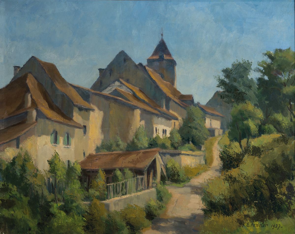 Emy Fenner, 1881 Zürich-1955 Zollikon, Dorfansicht, Öl/Lwd, rechts unten singiert und dat. 1937, ca. 42x56cm, R. ca. 57x68cm