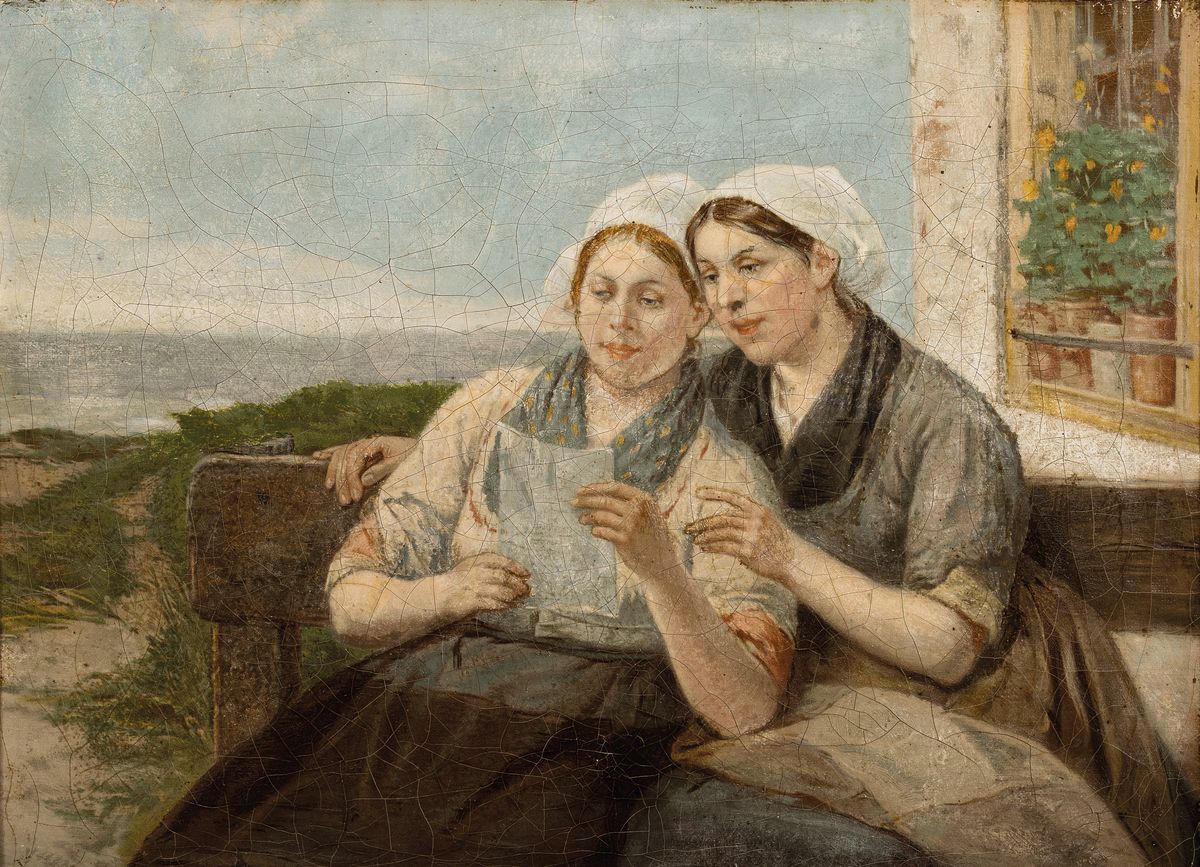 Henri Jacques Bource, 1826-1899 Belgien, zwei junge Frauen beim Lesen eine Briefes, Öl/LWd, links unten undeutlich signiert, doubliert, ...